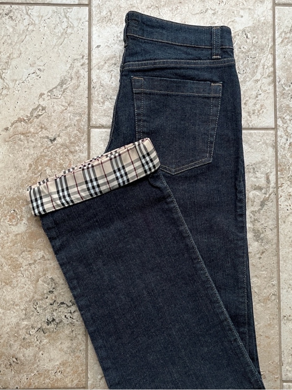 Burberry Dark Blue Wash Straight Leg Jeans - Women’s Size 6, Iconic Check Cuffs